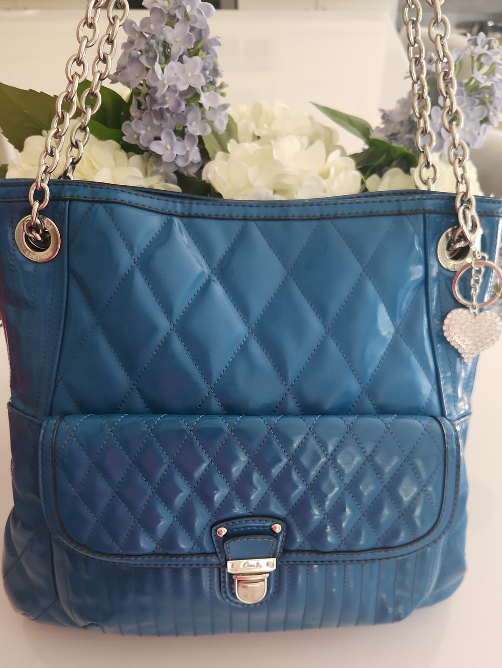 Coach Quilted Patent Leather Tote in Blue with Silver Hardware